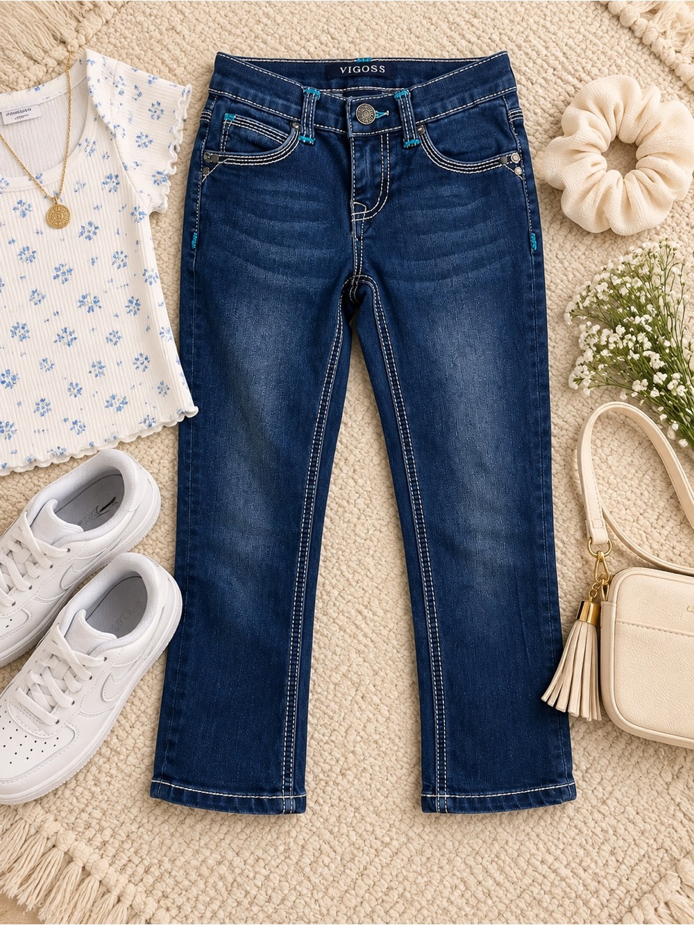 Vigoss Girls Size 8 Dark Wash Capri Jeans Y2K Contrast Stitch Stretch Denim